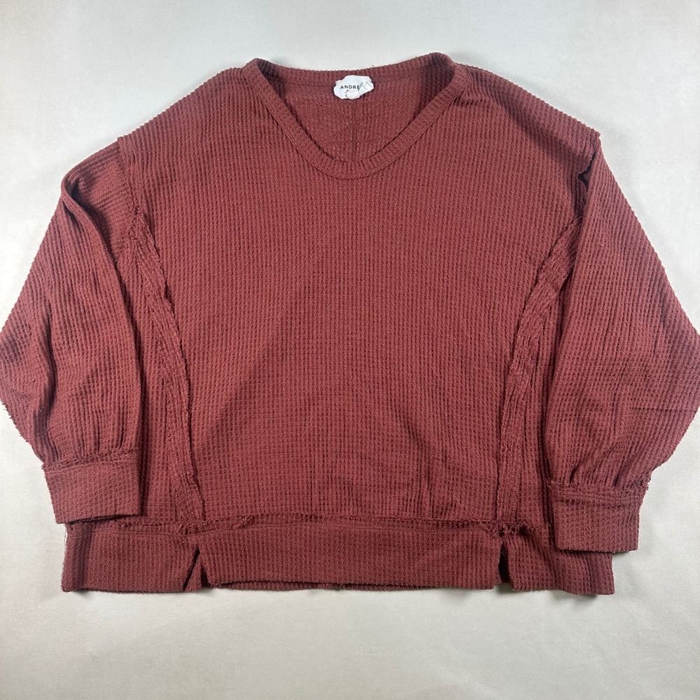 Andree by Unit Womens L Rust Waffle Knit Pullover Sweater Puff Sleeve Boho